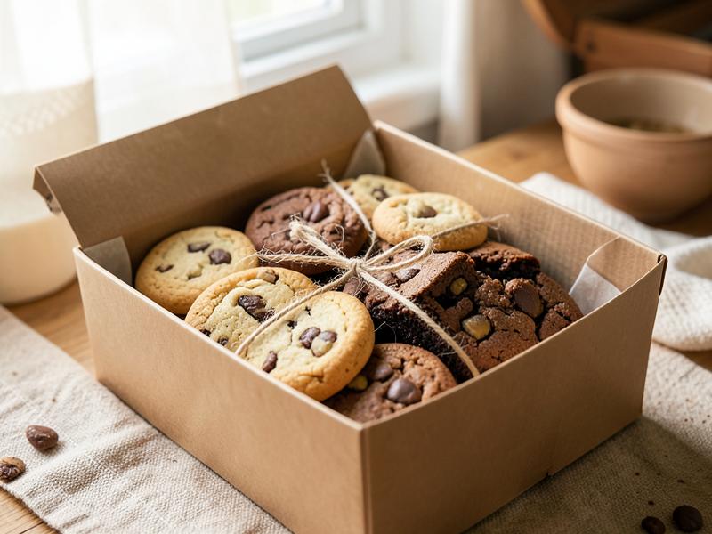 A kraft box of homemade cookies and brownies tied with string