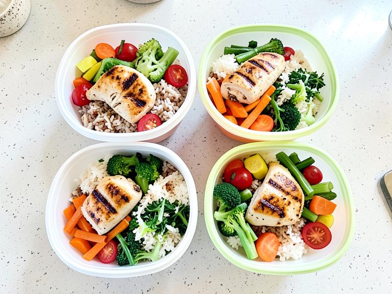 Four meal prep bowls with grilled chicken, rice and vegetables