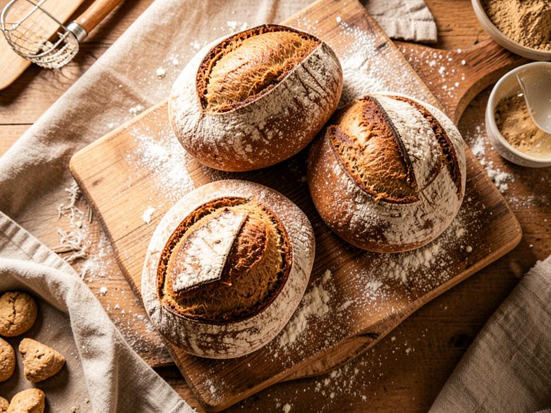 Crusty sourdough loaves dusted with flour on a wooden board